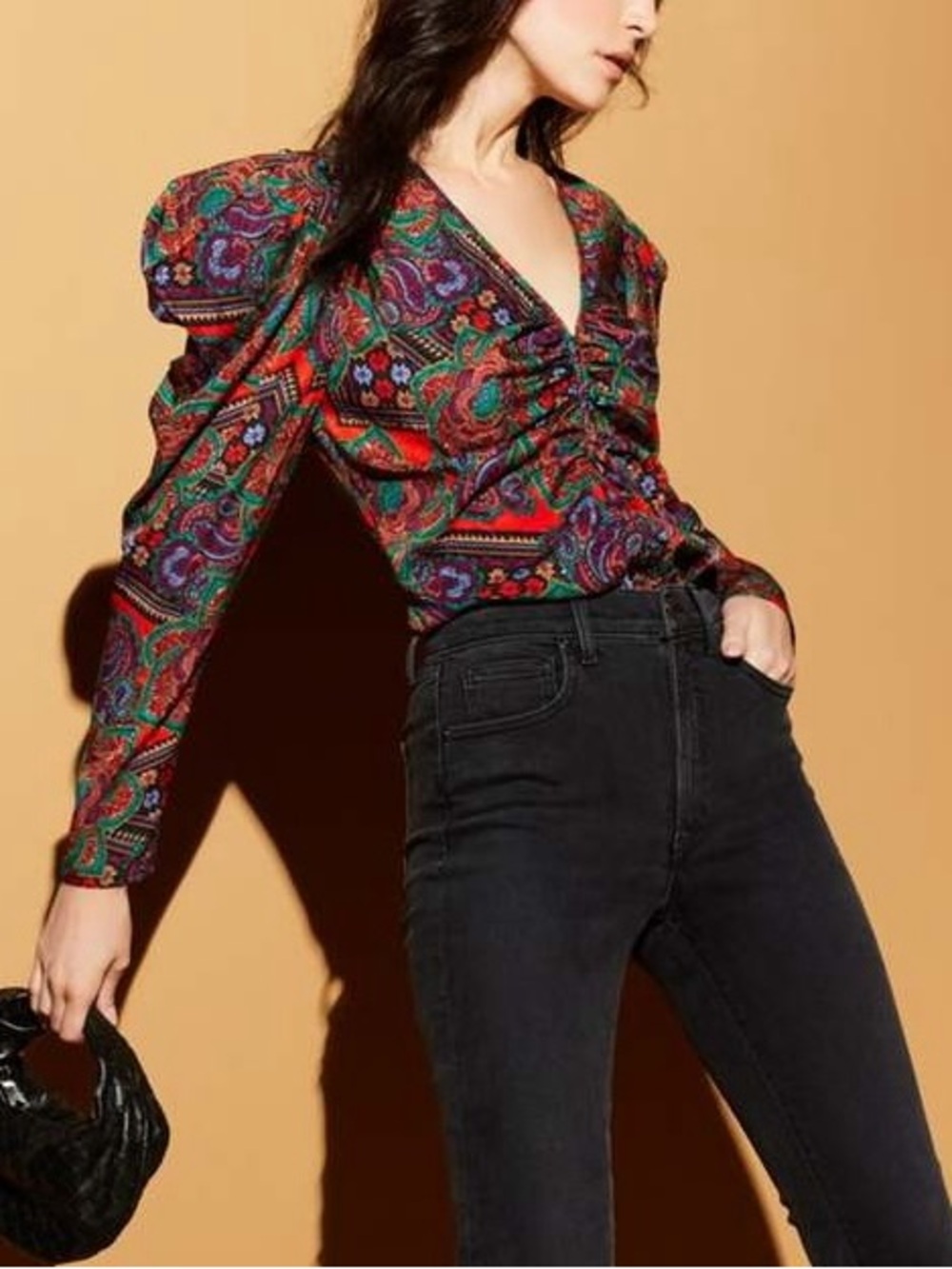 VERONICA BEARD Simmons Paisley Print Ruched Puff Sleeve Blouse Top
